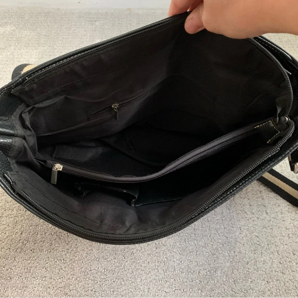 Italian Black Pebbled Leather Large Messenger Crossbody Bag, Work Unisex